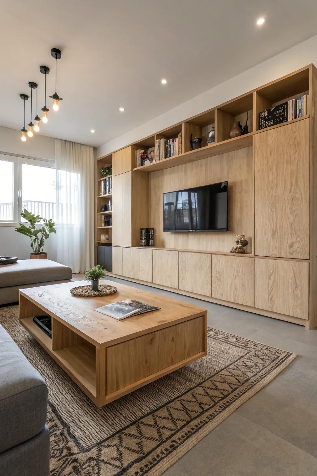 Plywood furniture creates a luxurious look in this living room.