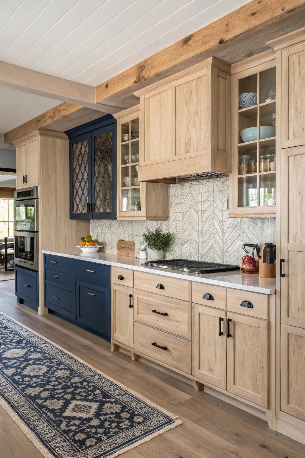 A dual-tone approach using light wood and navy generates an elegant kitchen atmosphere.