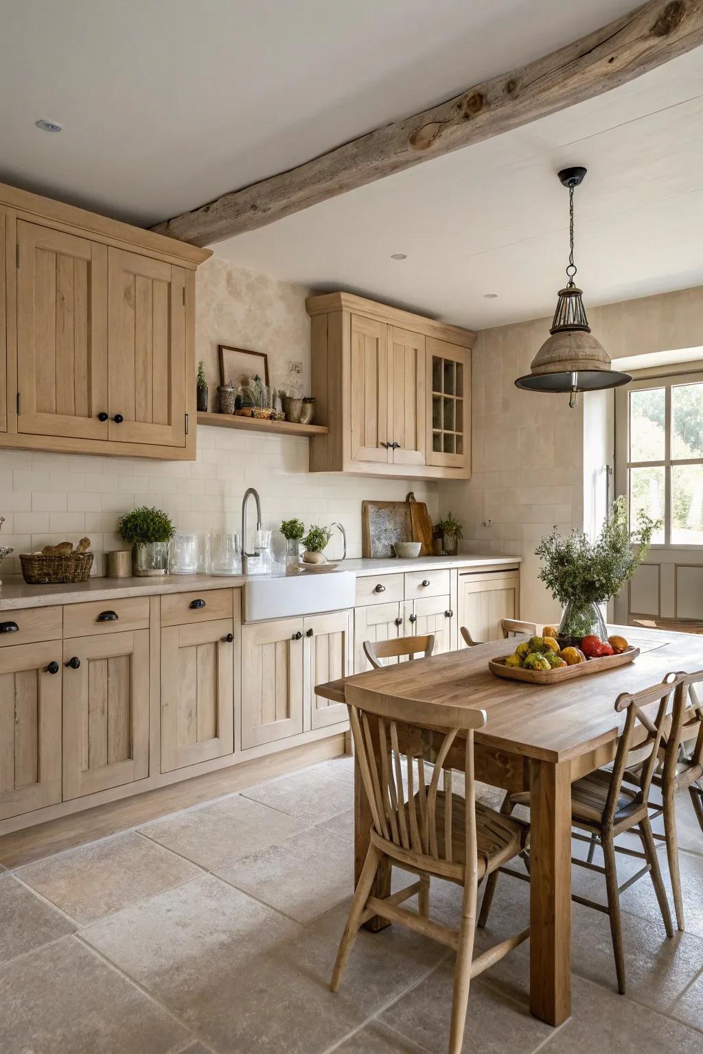 Neutral colors enhance the warmth of light wood cabinets in a farmhouse-style kitchen.