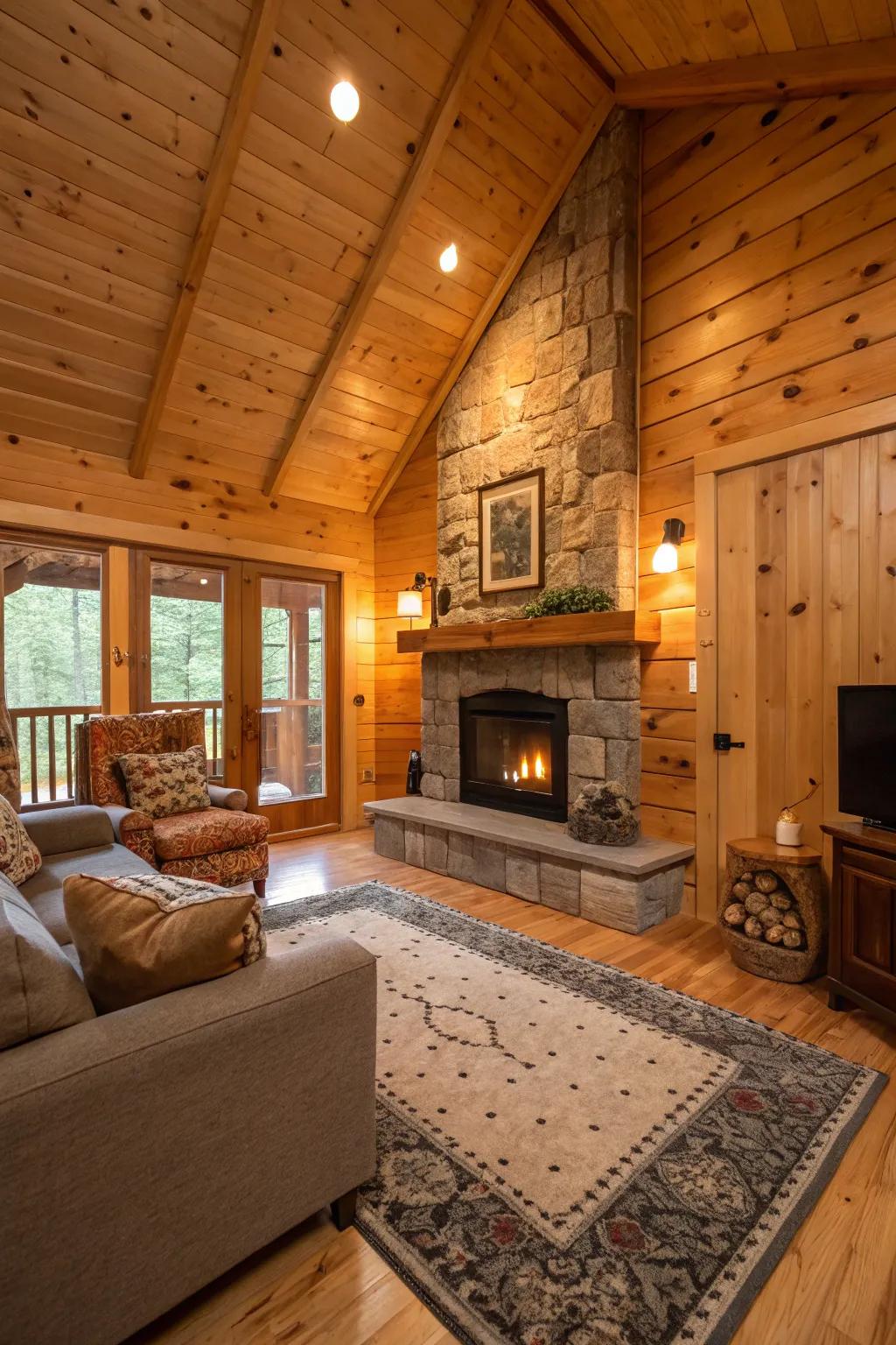 Plywood creates a warm, rustic feel in this cozy cabin setting.