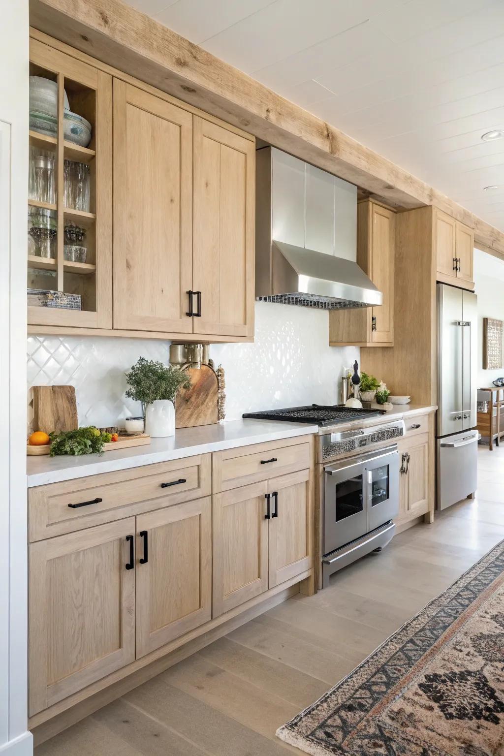 Modern appliances offer a polished contrast to light wood cabinets in a farmhouse-style kitchen.