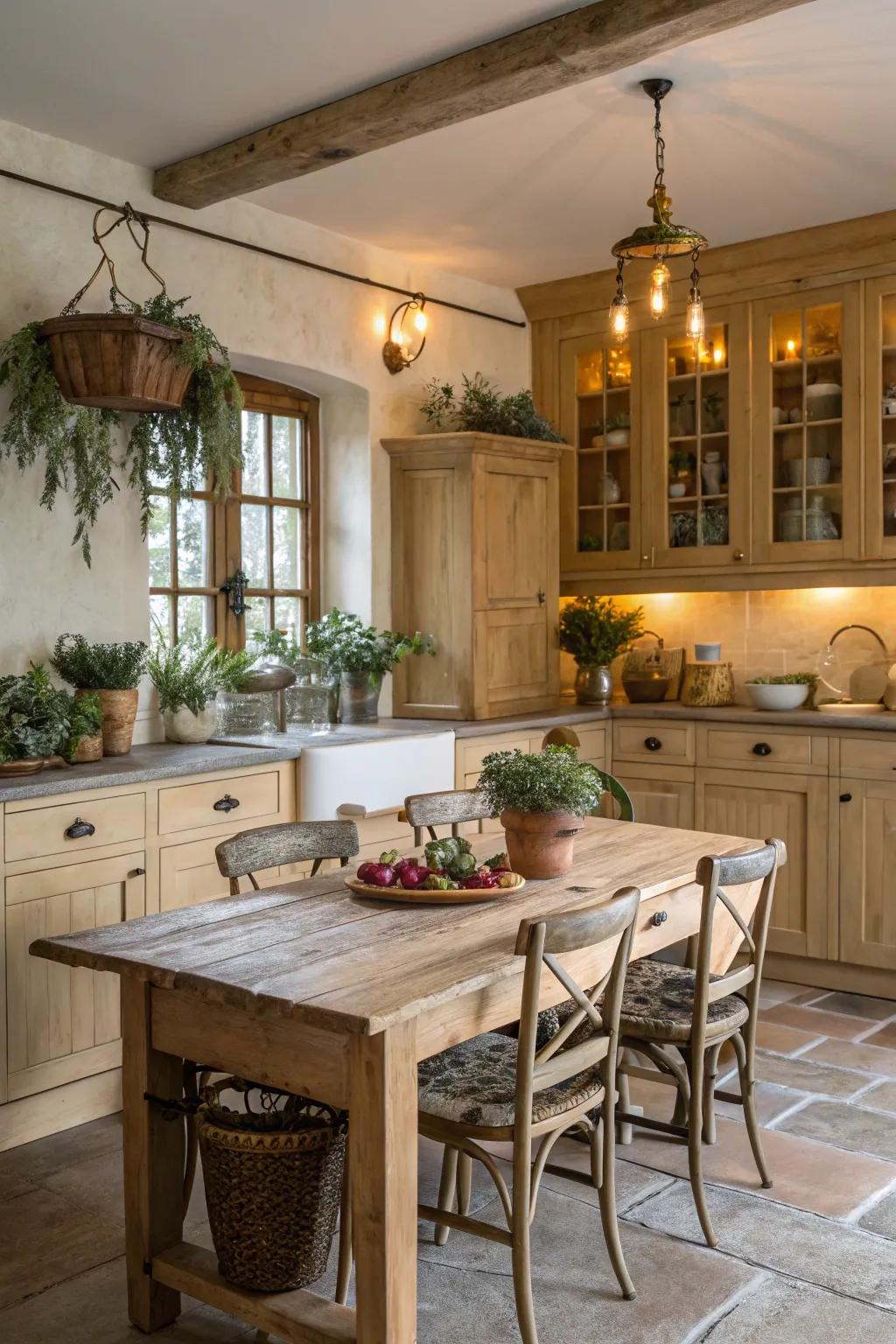 Vintage lighting introduces charm to a kitchen featuring light wood cabinets.