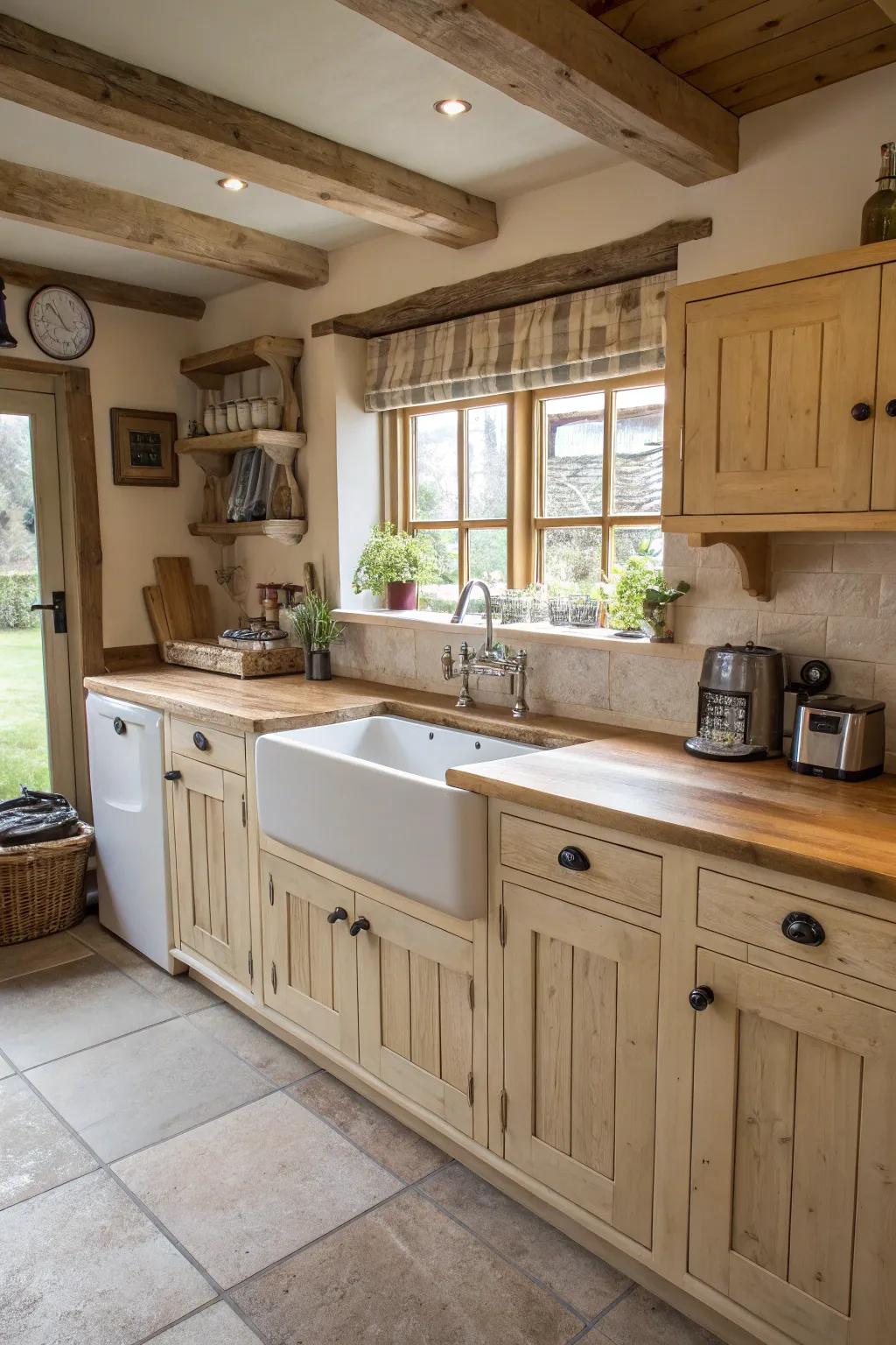 A farmhouse sink accentuates the rustic charm of light wood cabinets.