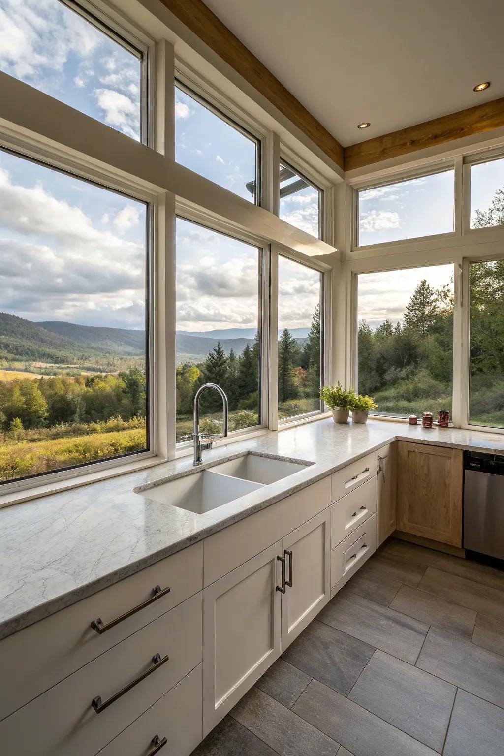 Corner glass that embraces panoramic vistas.