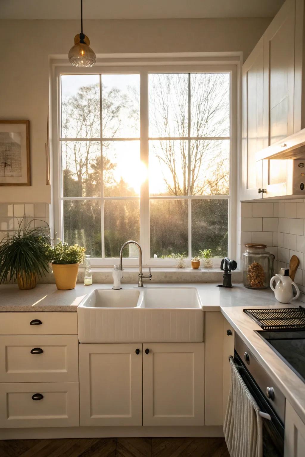 Sunlight enhances the kitchen’s natural charm.