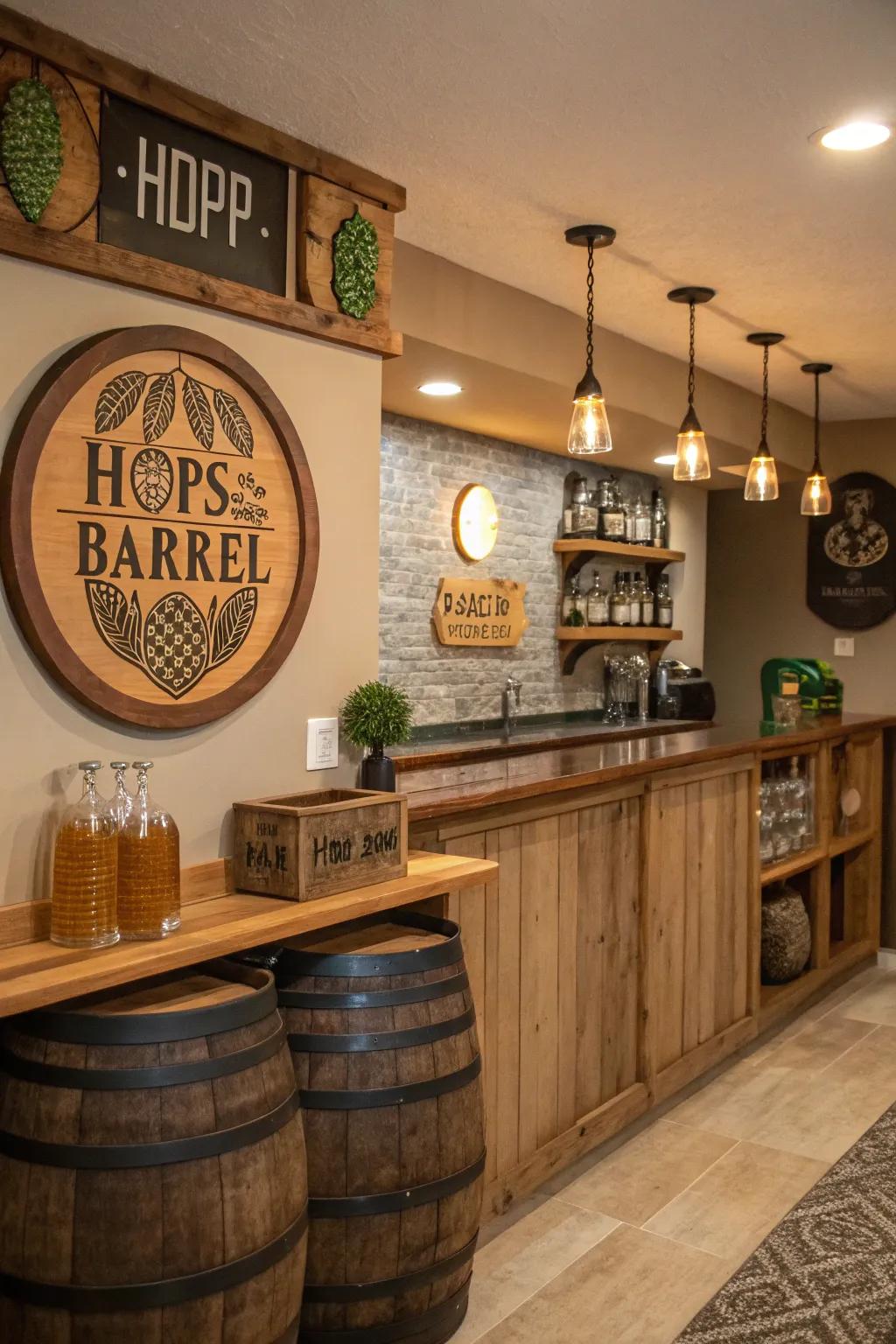 Themed beer decor adds a rustic touch to your bar.