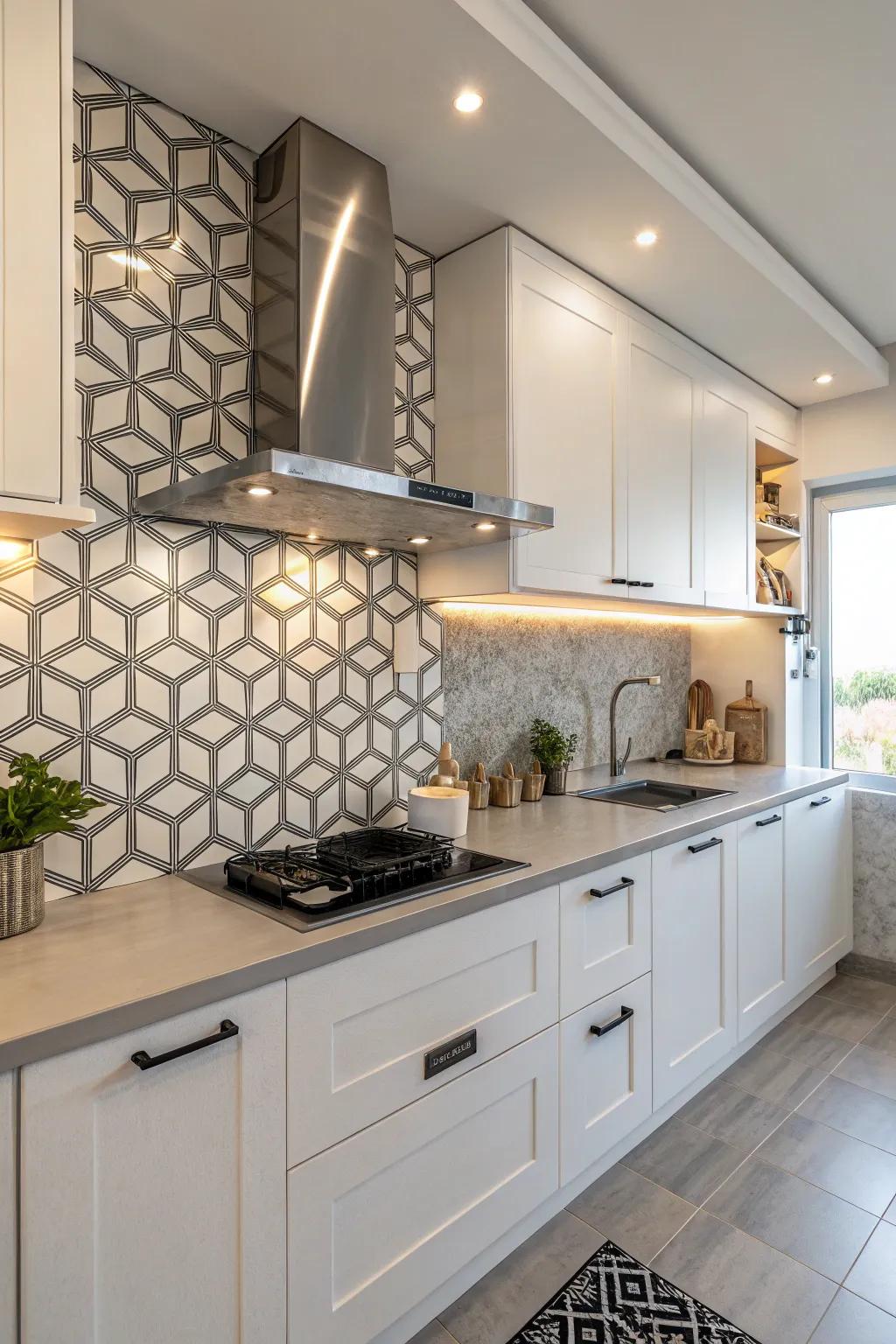 A modern kitchen featuring a geometric tile backsplash and a sleek range hood for visual excitement.