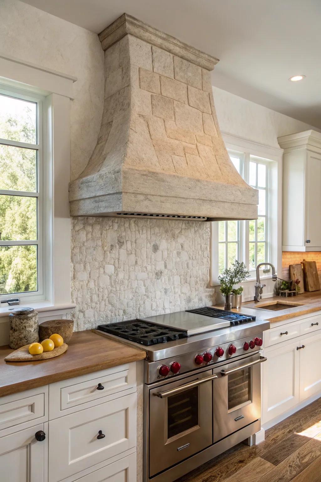 A kitchen design with natural stone range hood and backsplash for a raw, timeless appeal.
