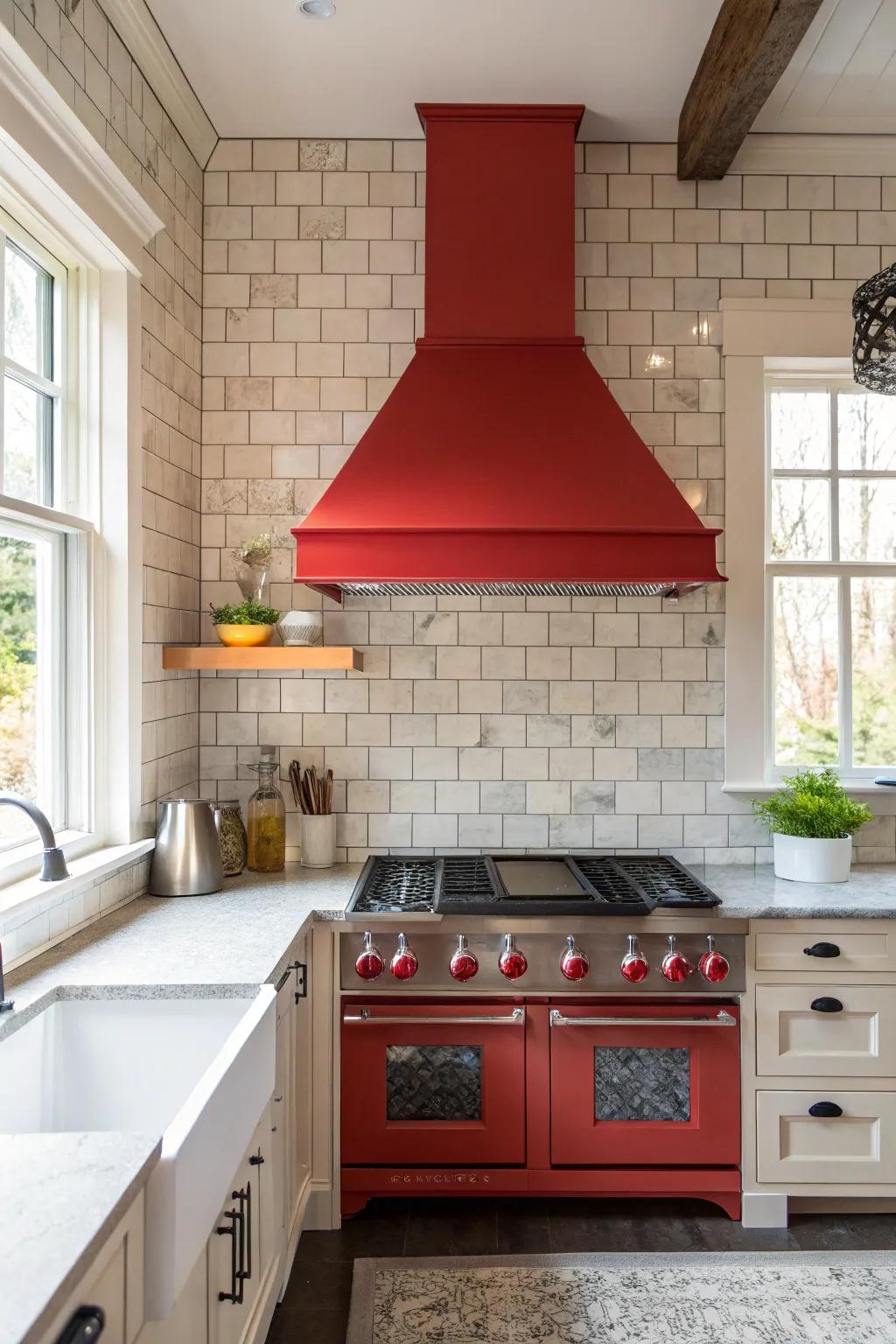 A kitchen design showcasing a vibrant range hood set off by a subtle tile backsplash.