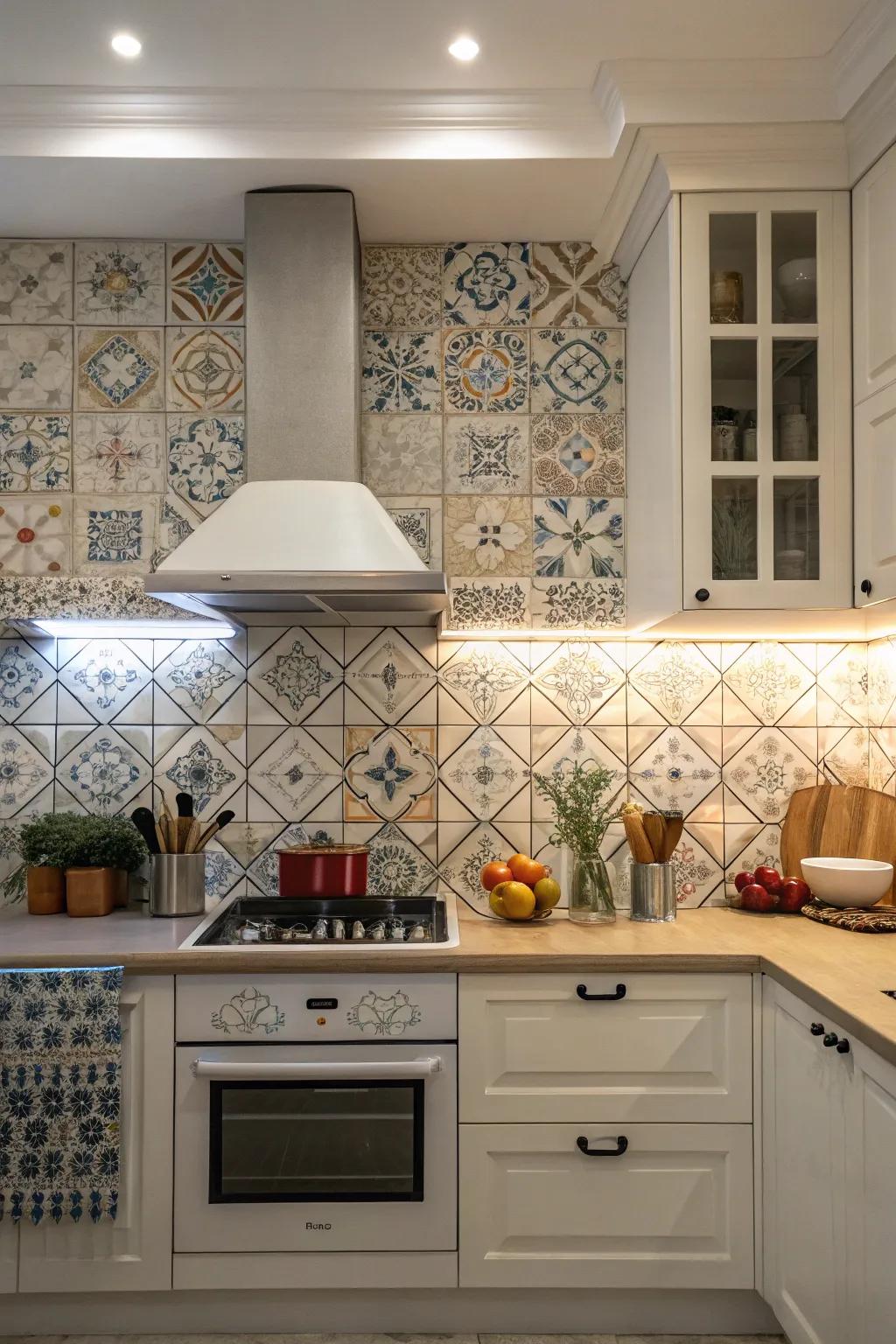 A kitchen design featuring a patterned tile backsplash that gives character to a plain range hood.