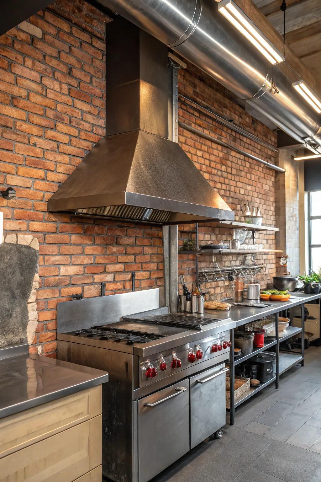 A contemporary kitchen featuring a metallic range hood and bare brick for a chic city vibe.