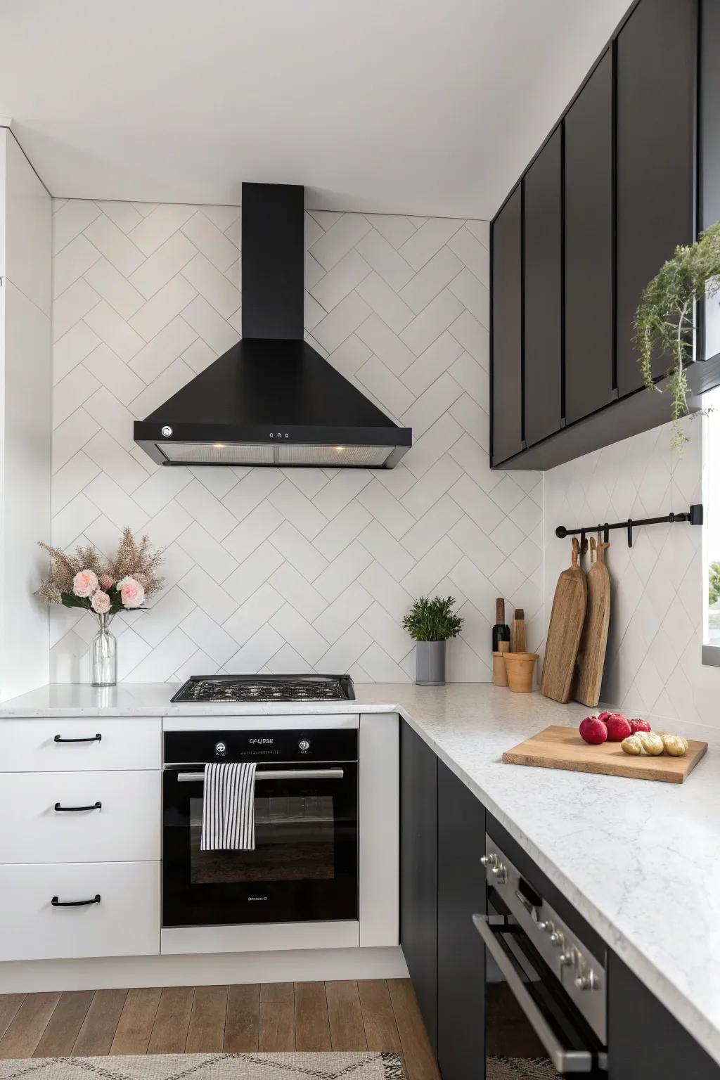 A minimalist kitchen design featuring a monochromatic range hood and corresponding backsplash for an elegant mood.