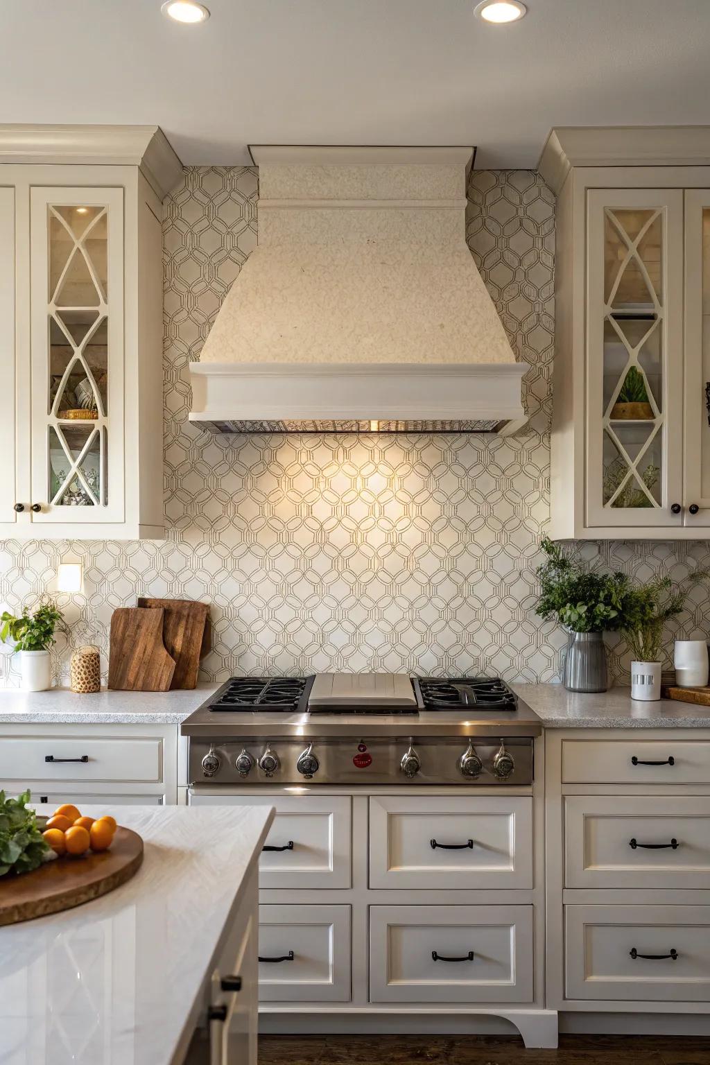 A kitchen design showcasing a textured tile backsplash that adds depth to a plain range hood.