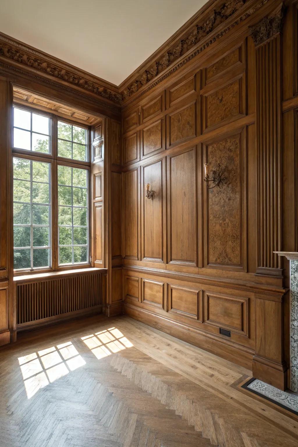 Wood paneling adding warmth and texture to a colonial-style room.