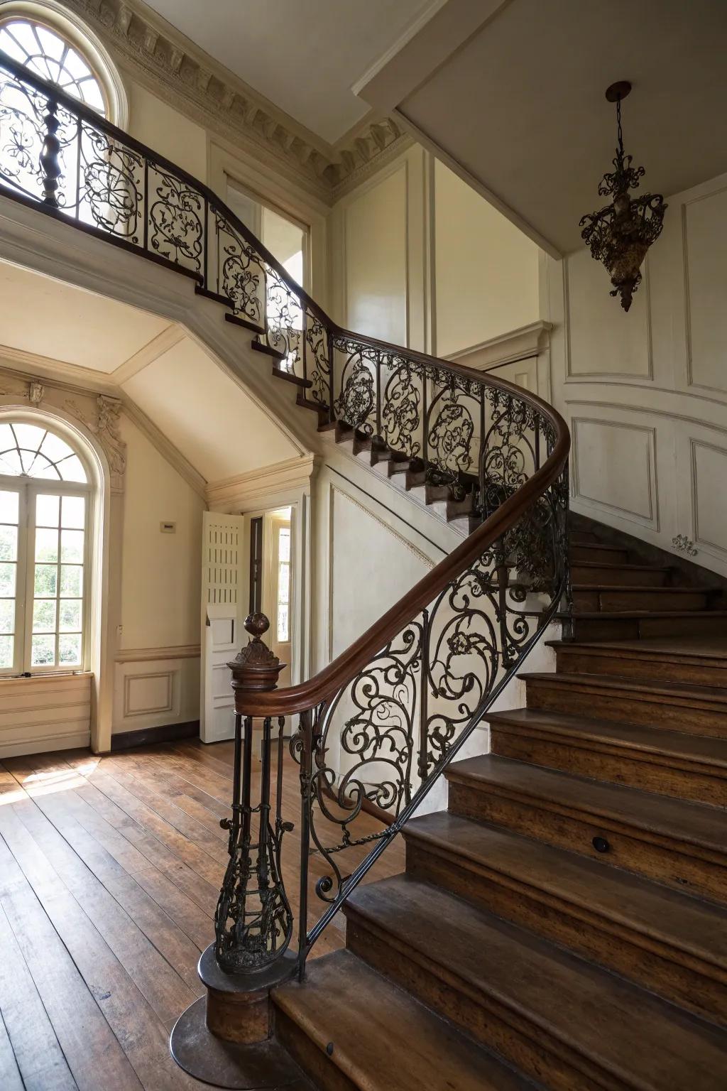 Wrought iron railings adding a robust touch to a colonial home.