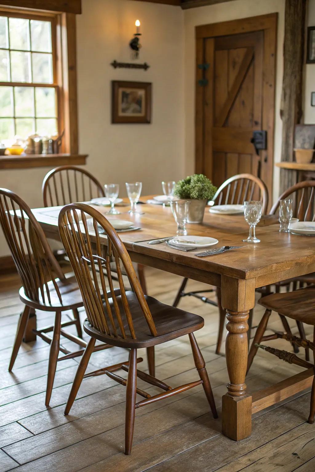 Spindle-back chairs adding classic charm to a colonial dining space.