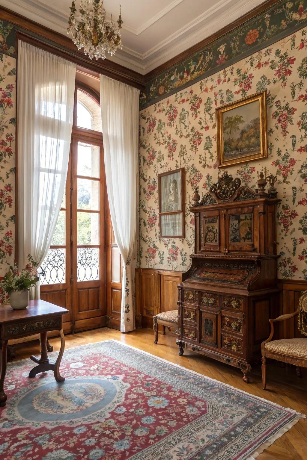 Floral wallpaper adding elegance and history to a colonial room.
