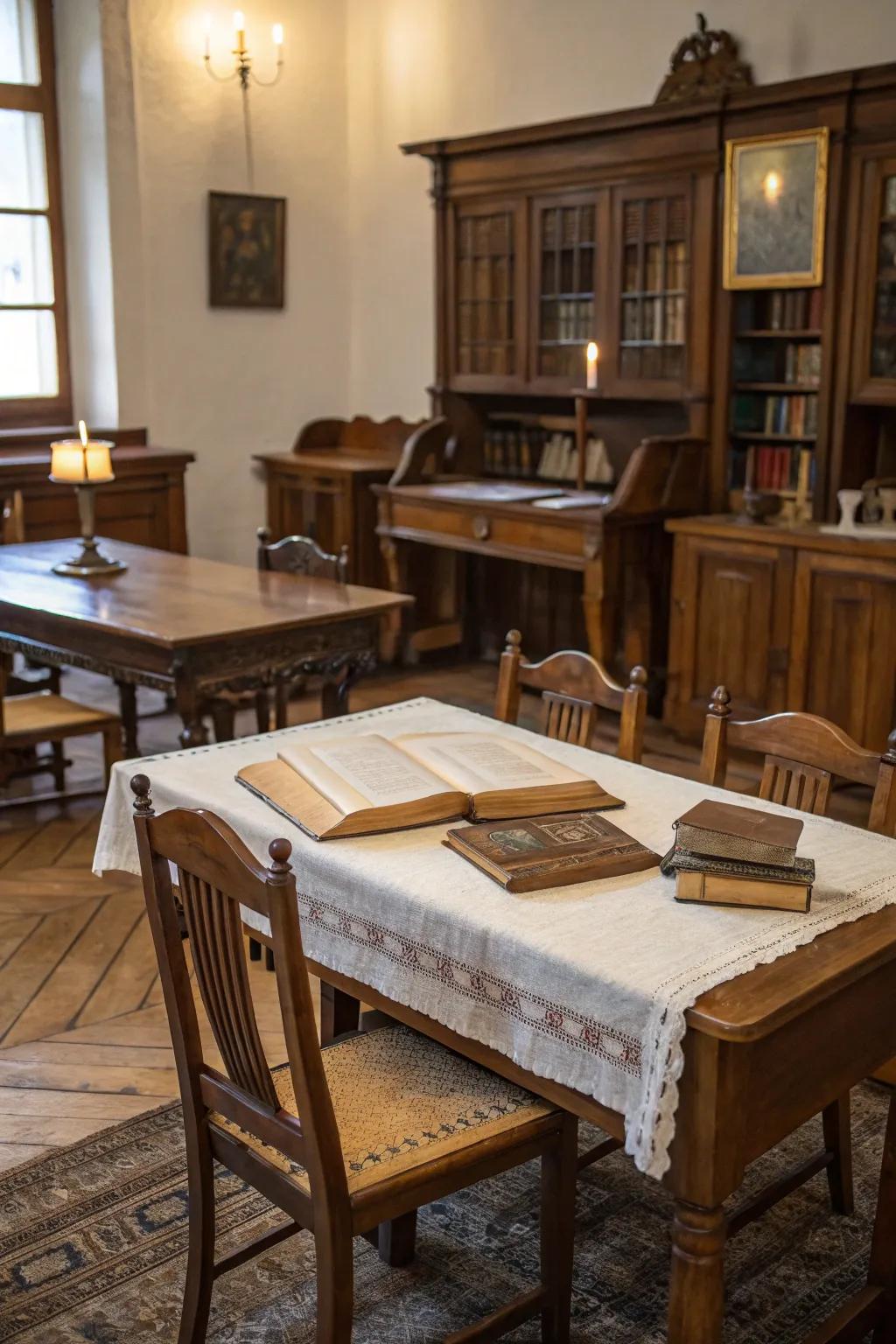 Antique wooden furniture bringing history and charm to a modern space.