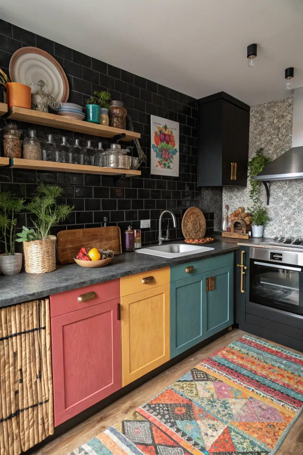 This eclectic kitchen features a mixed-material dark backsplash, enhancing visual depth and interest.