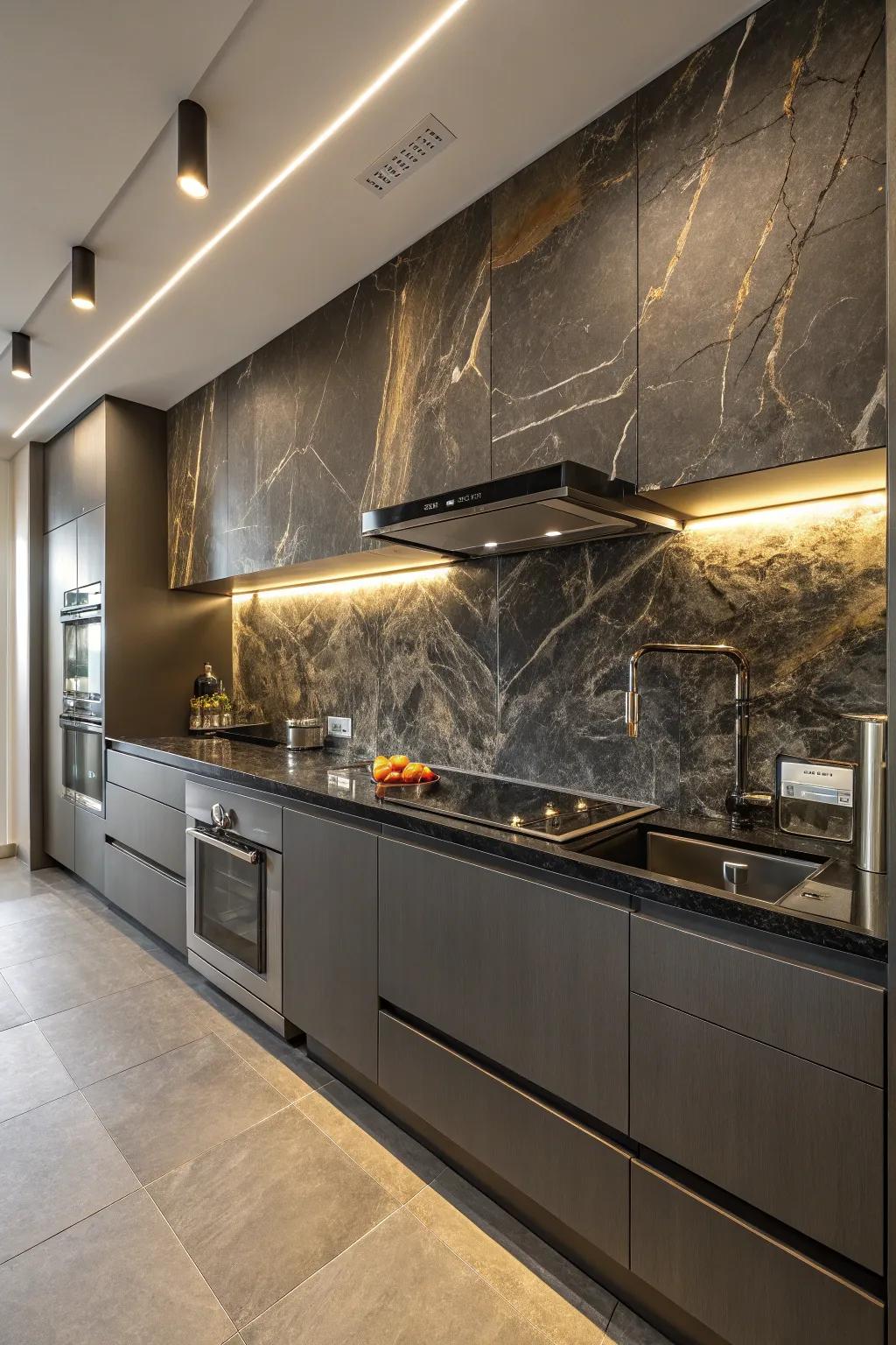 A beautifully designed kitchen showcases a dark stone backsplash, enhanced by sleek, modern fixtures.