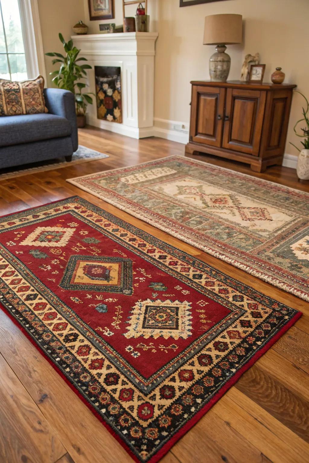 Traditional rugs adding warmth and texture to a colonial-style room.