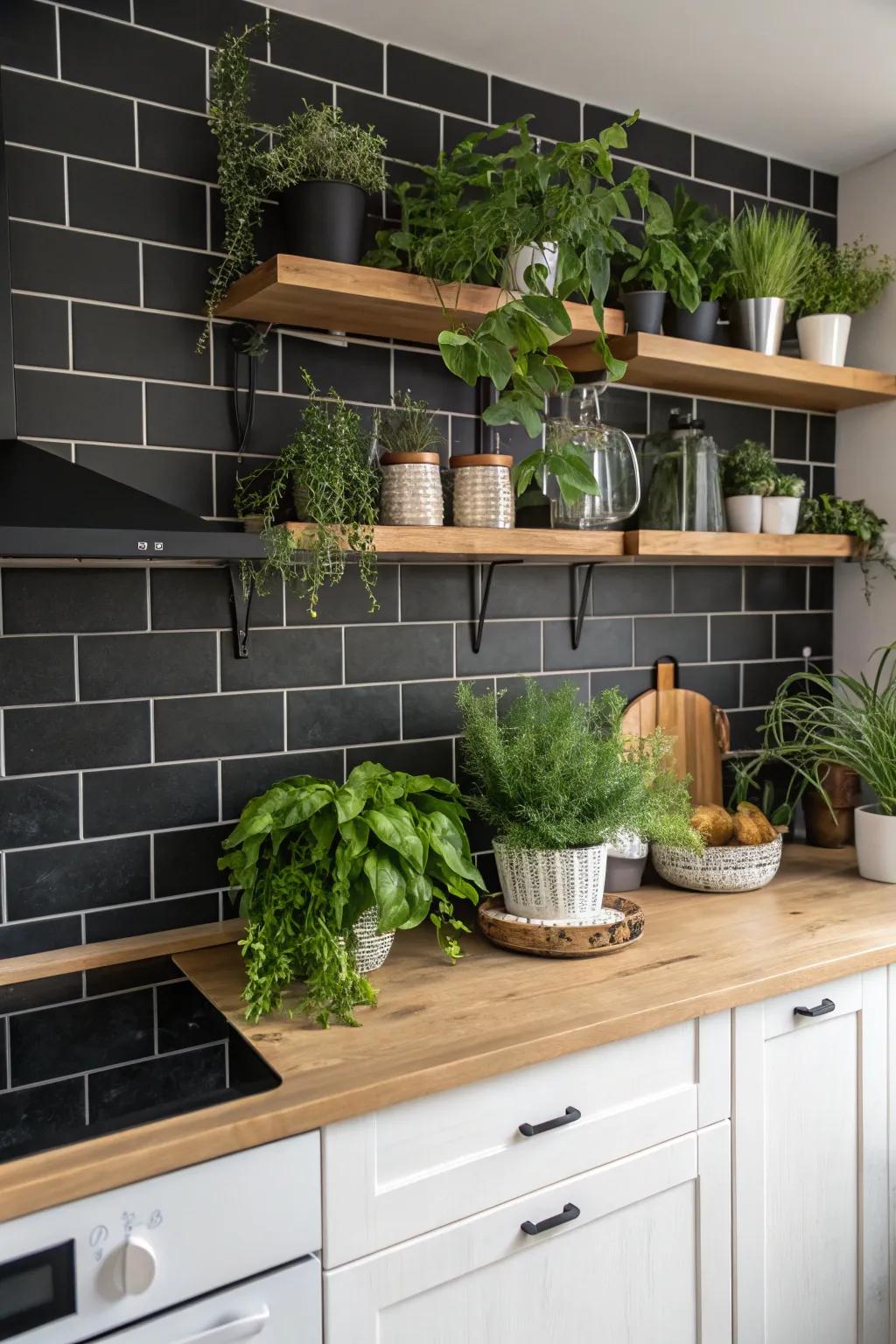 This kitchen is beautifully designed, integrating natural elements that complement the rich tones of the dark backsplash.