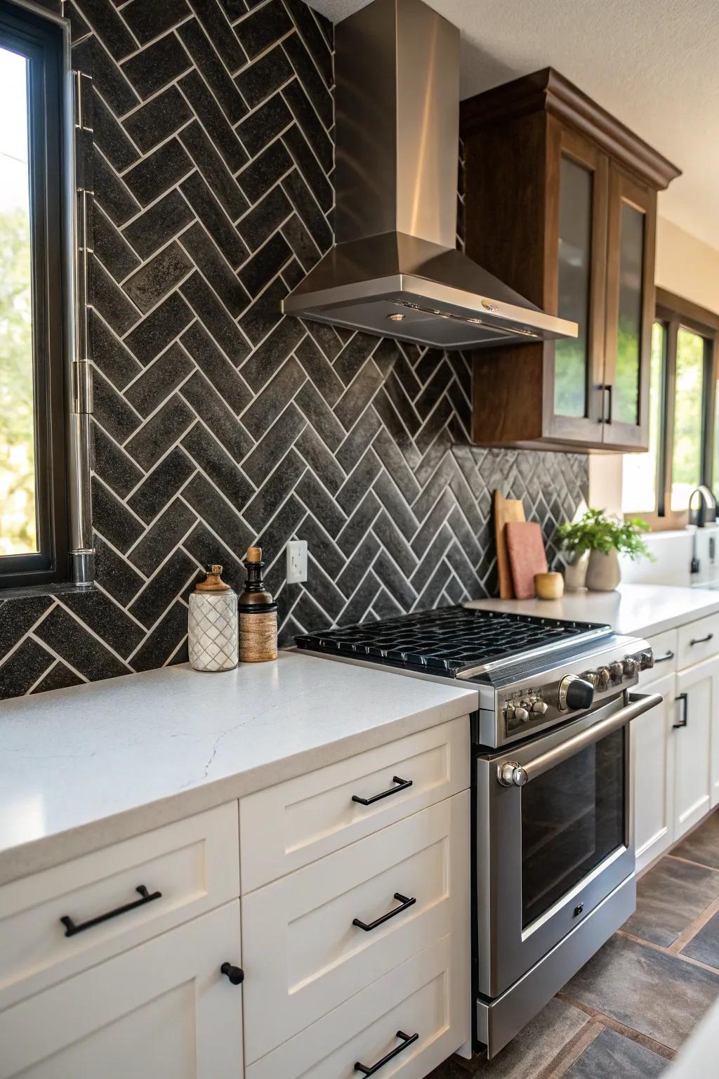 A distinctive kitchen features a dark tile backsplash laid in a diagonal pattern, adding visual interest and flair.