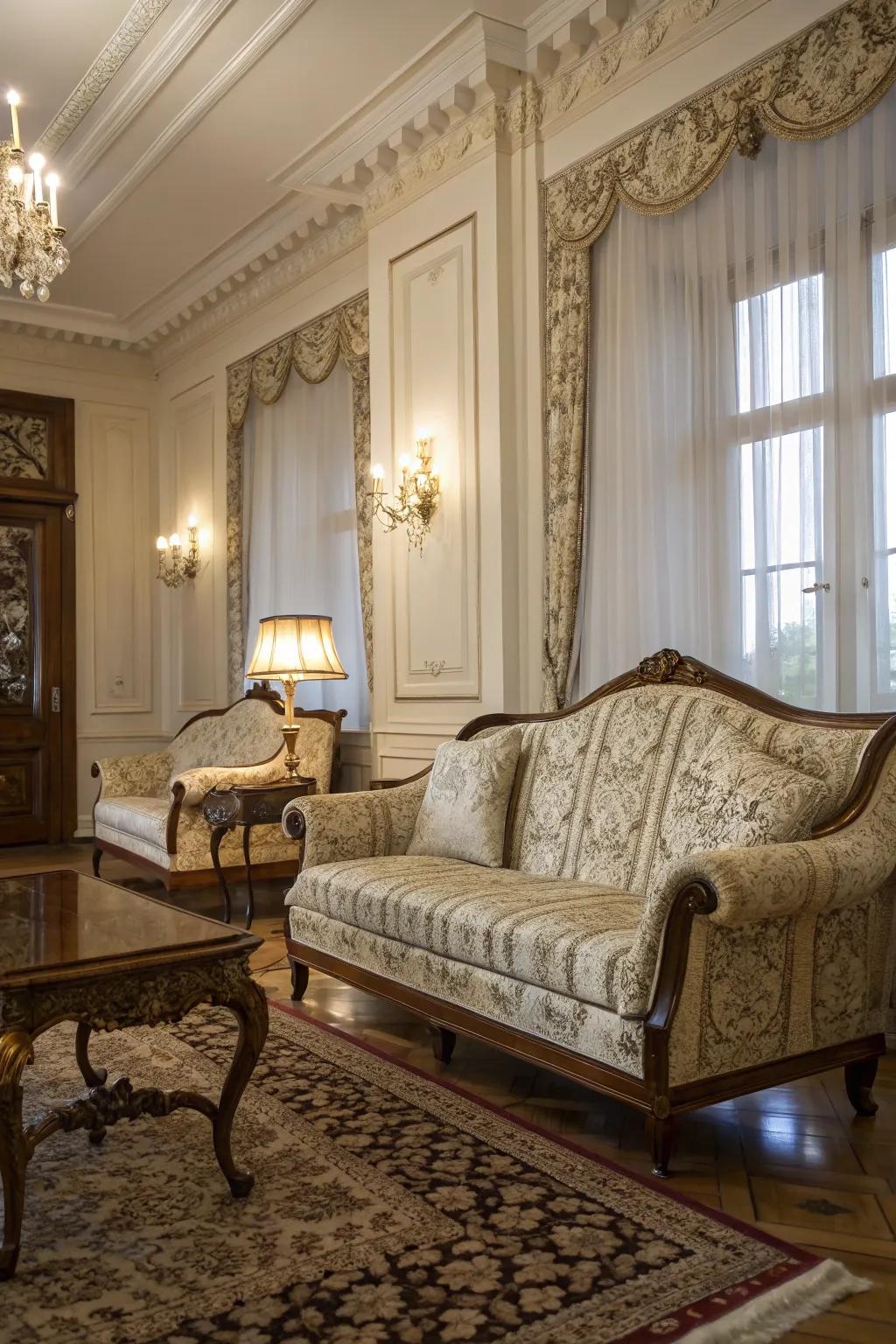 Damask fabrics adding lush elegance to a colonial-inspired room.