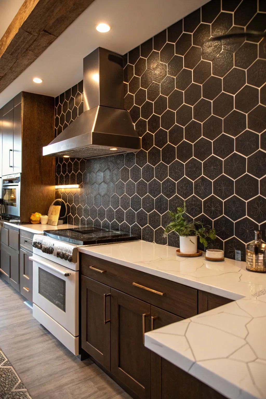 This kitchen elegantly utilizes a dark hexagonal tile backsplash to enhance its overall aesthetic.