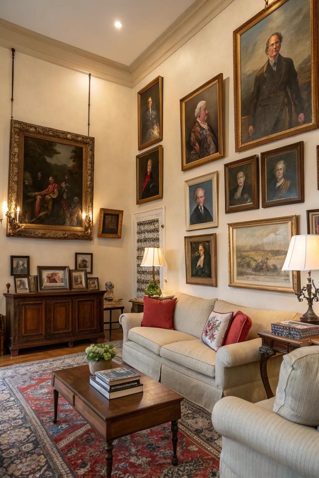 Portraiture and artworks enhancing the historical charm of a room.