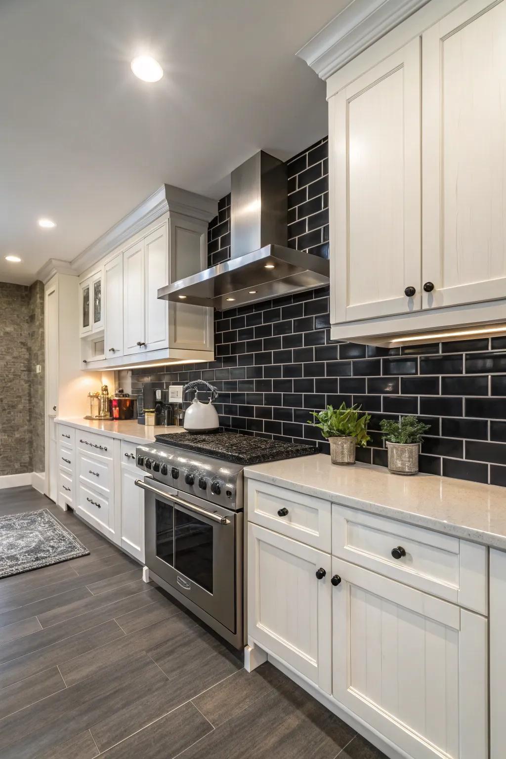 A captivating kitchen design features a stark contrast between a dark backsplash and pristine white cabinets.