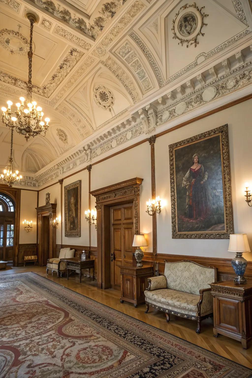Intricate moulding adding luxury and detail to a colonial-style room.