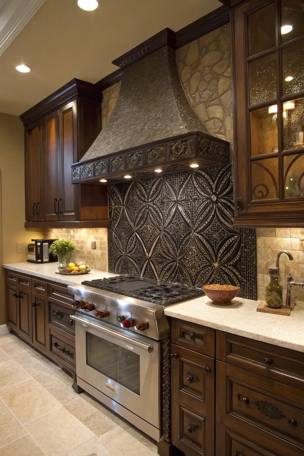 A stunning dark mosaic backsplash serves as an artistic focal point in this beautifully designed kitchen.