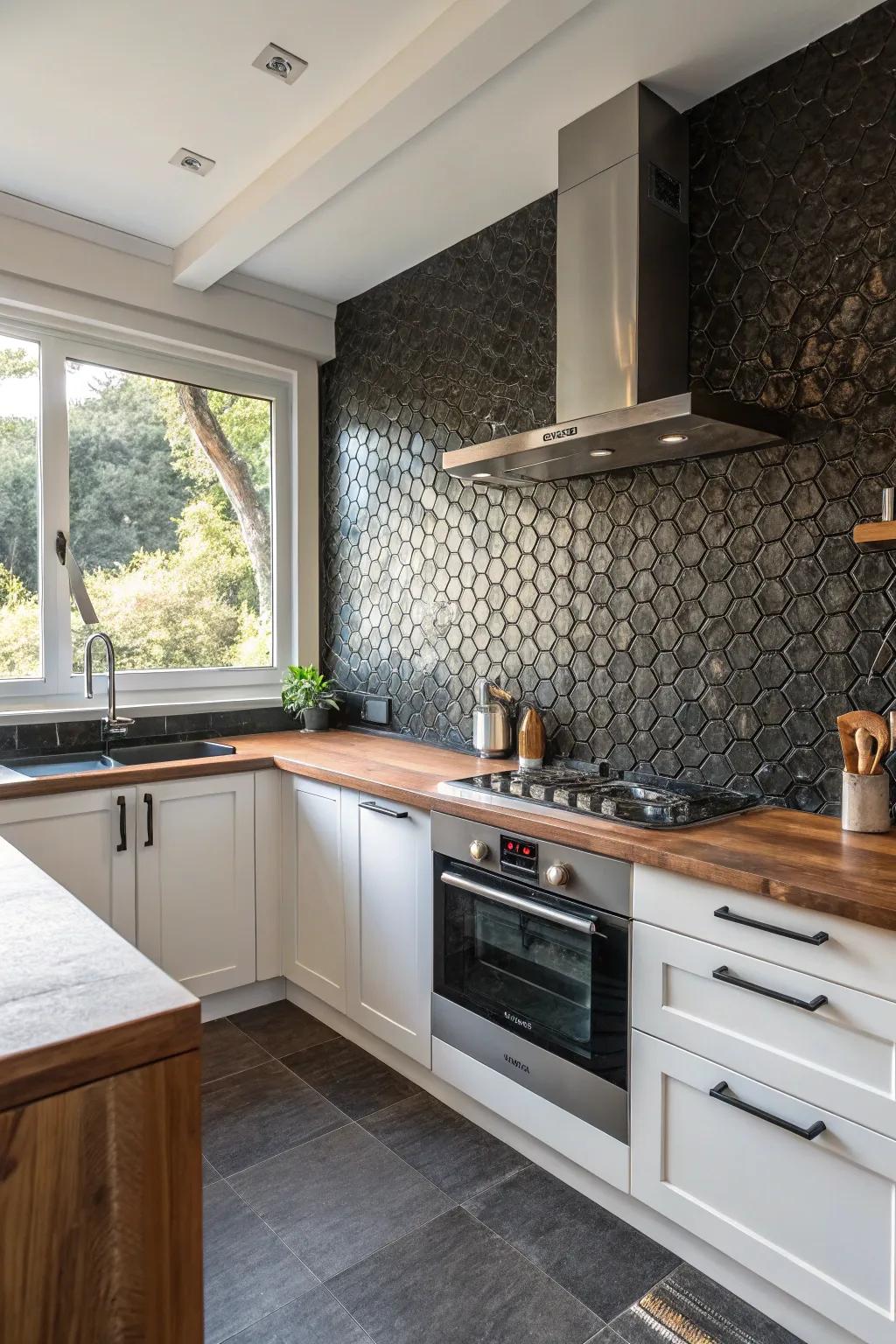 A beautifully textured dark tile backsplash adds depth and warmth to this inviting kitchen space.