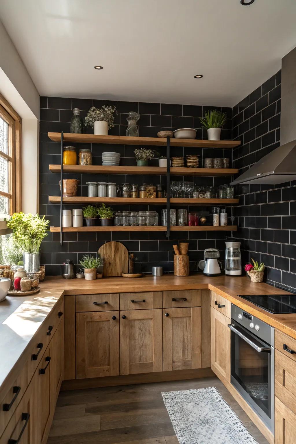 This kitchen features a dark backsplash, accentuated by open wooden shelves that showcase carefully selected decorative items.