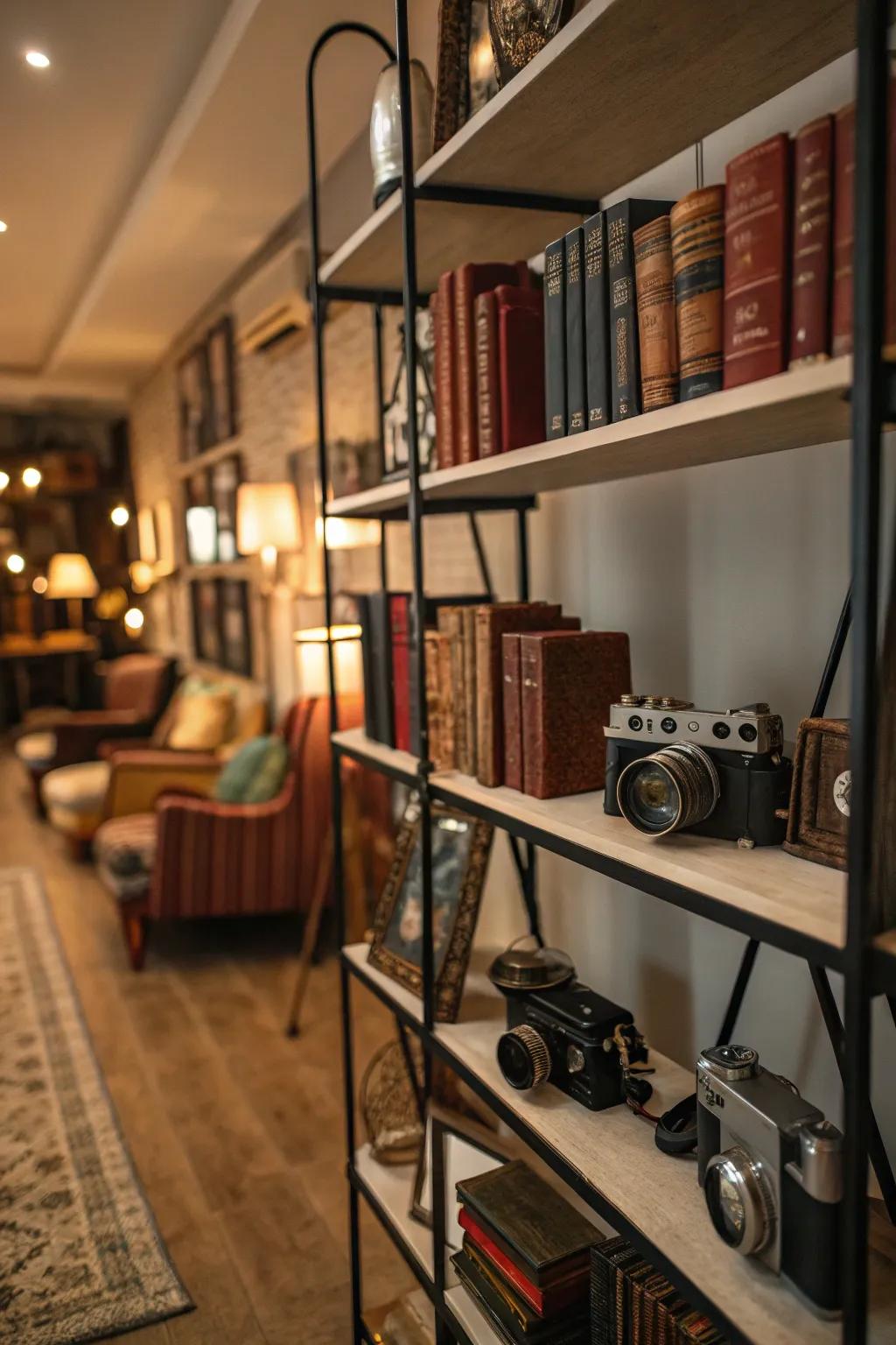 Shelves displaying vintage items in a colonial-inspired setting.
