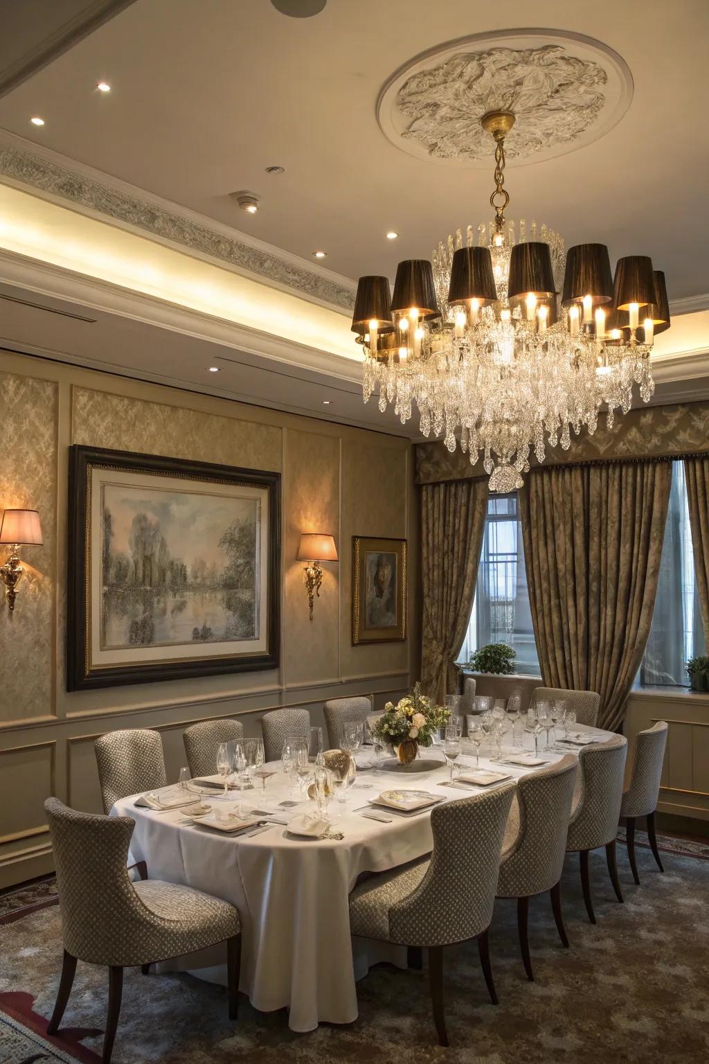 An elegant chandelier serving as a focal point in a colonial dining room.