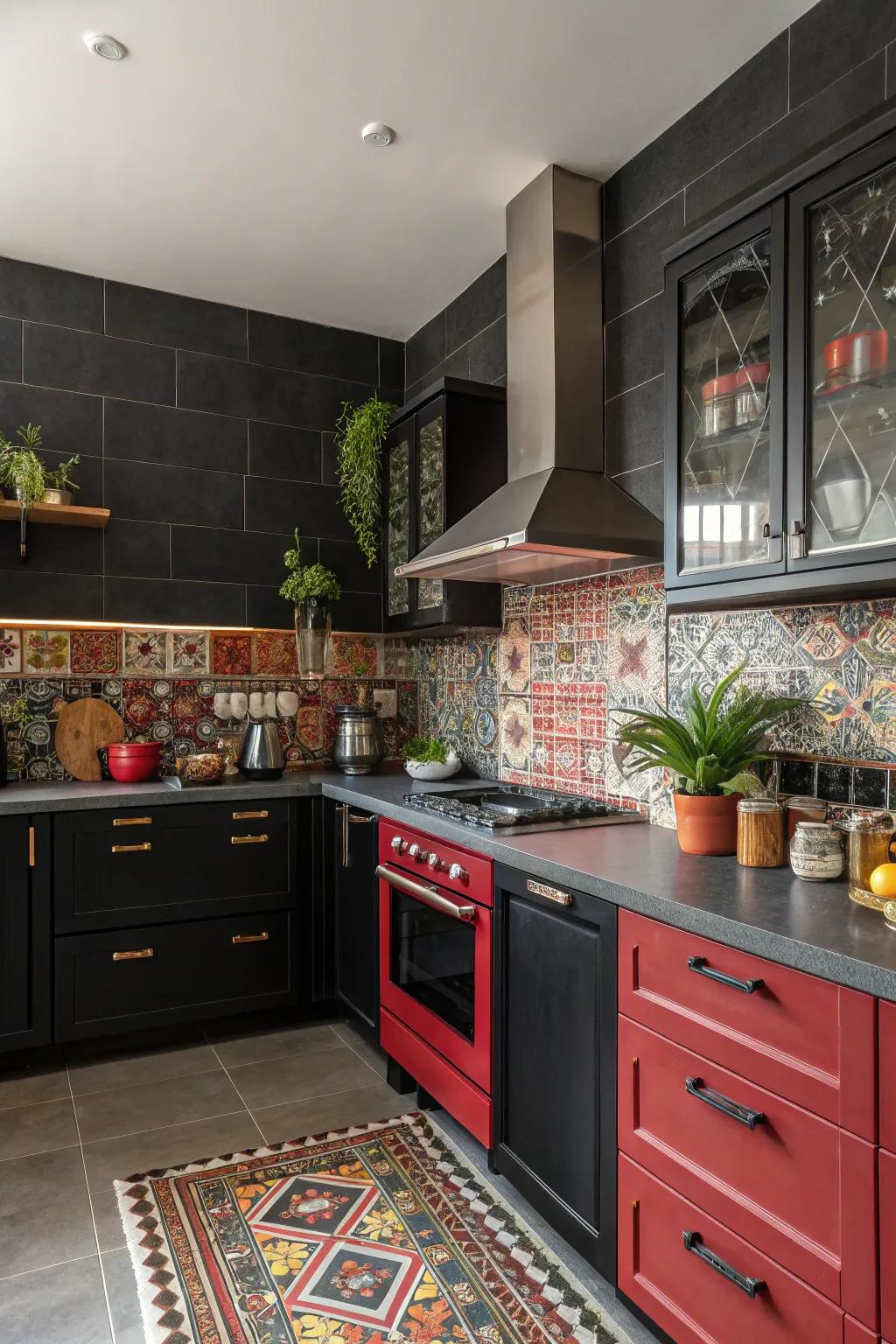 This playful kitchen design contrasts a dark backsplash with bold and vibrant color accents, creating a lively and engaging space.