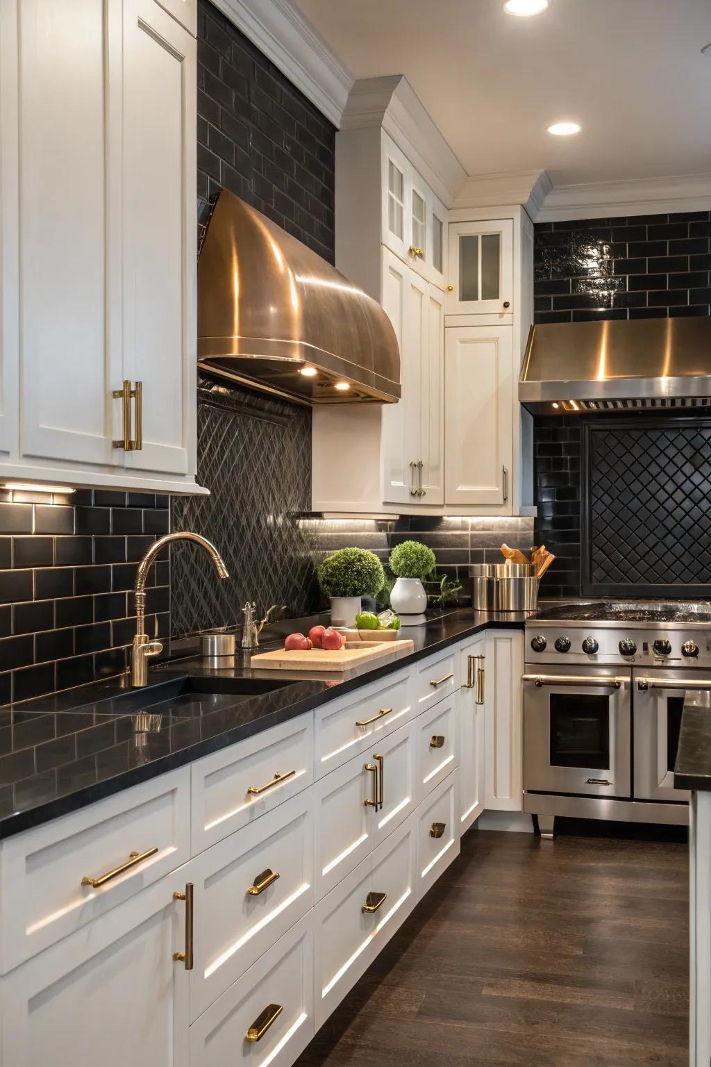 A beautifully designed kitchen showcases a dark backsplash, elevated by the inclusion of gleaming metallic accents.