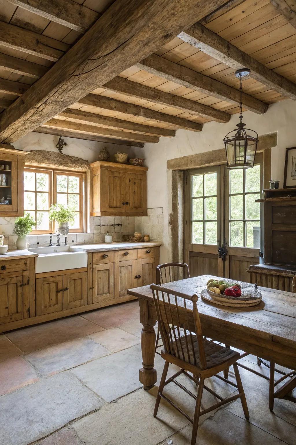 Exposed beams bring character and a sense of comfort to this kitchen with its high ceiling.