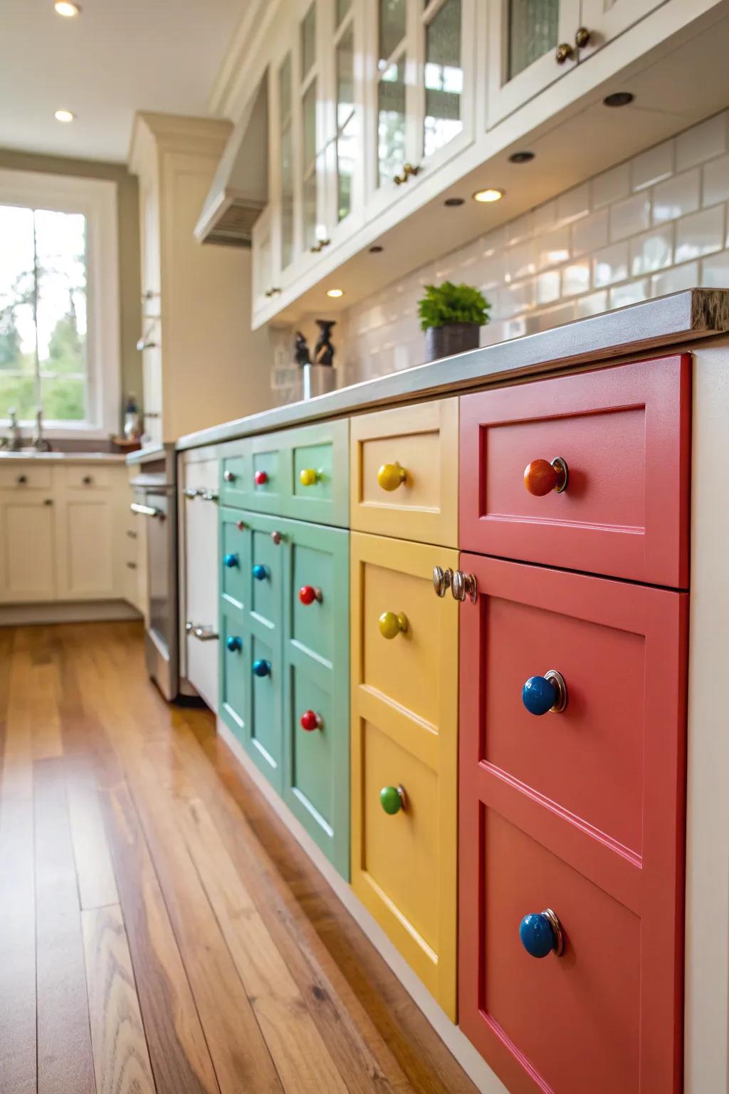 Vibrant fixtures promptly brighten up the kitchen décor.