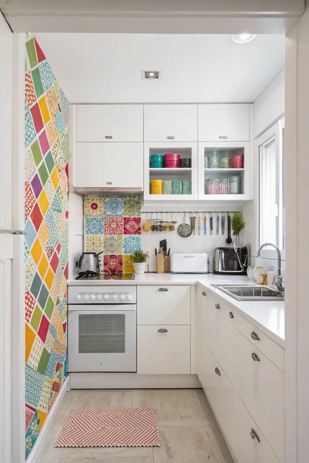 A burst of color imparts character to a white kitchen.