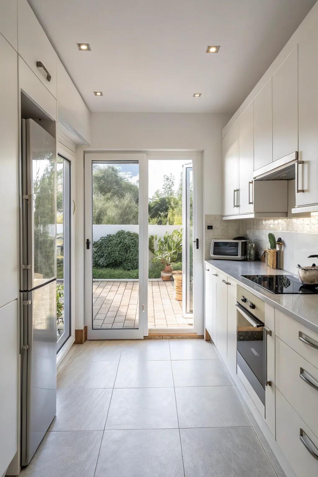 Sliding doors conserve area and maintain flow throughout the kitchen.