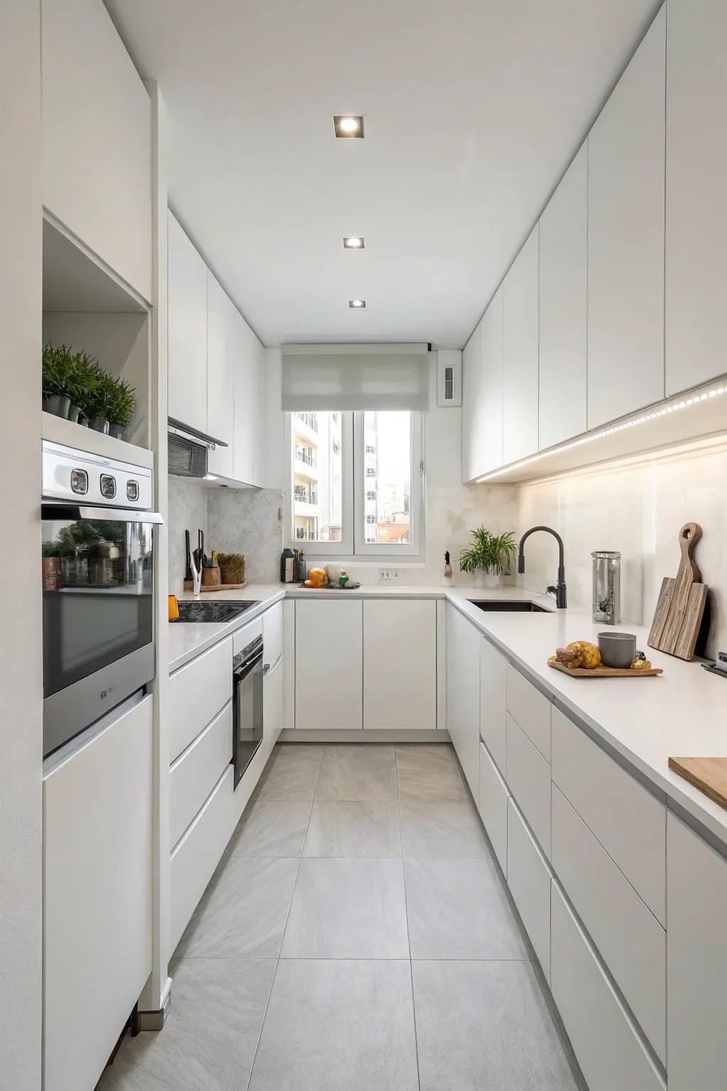 Streamlined simplicity: the enchantment of a minimalist, white-themed kitchen.