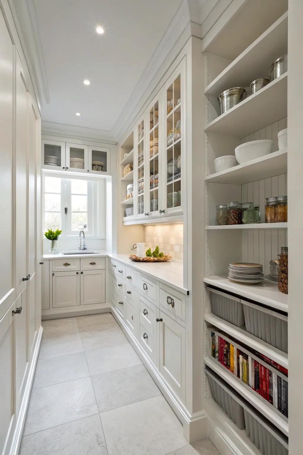 Vertical storage maximizes area within a small kitchen.
