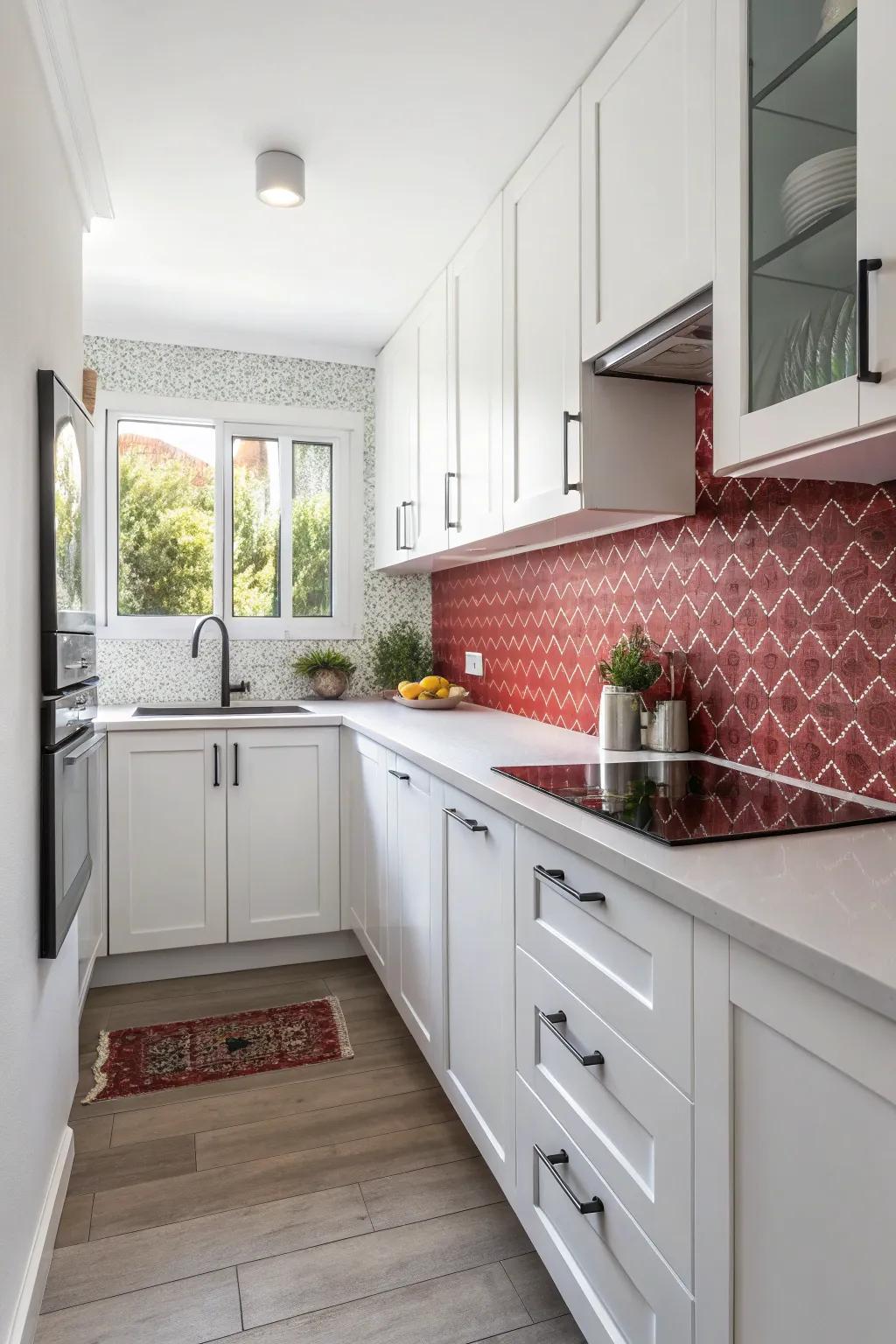 A contrasting backsplash introduces depth into a white kitchen.