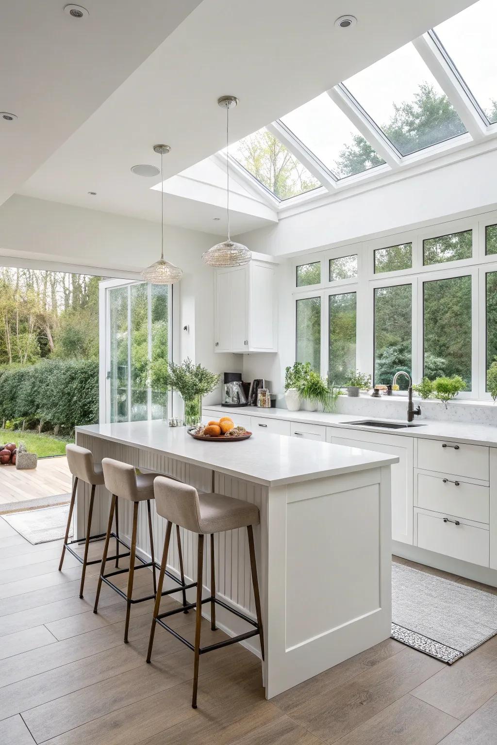Sunlight gives the impression of increased space in a small, white kitchen.