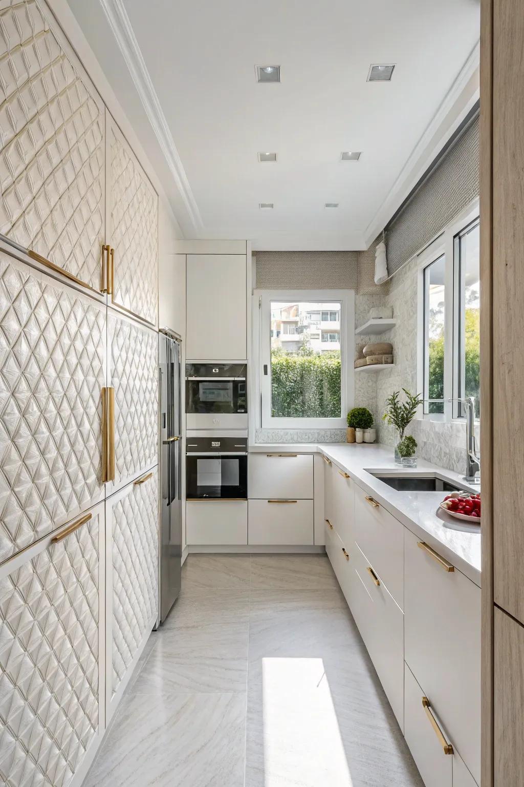 Textured finishes introduce visual interest into a white kitchen.