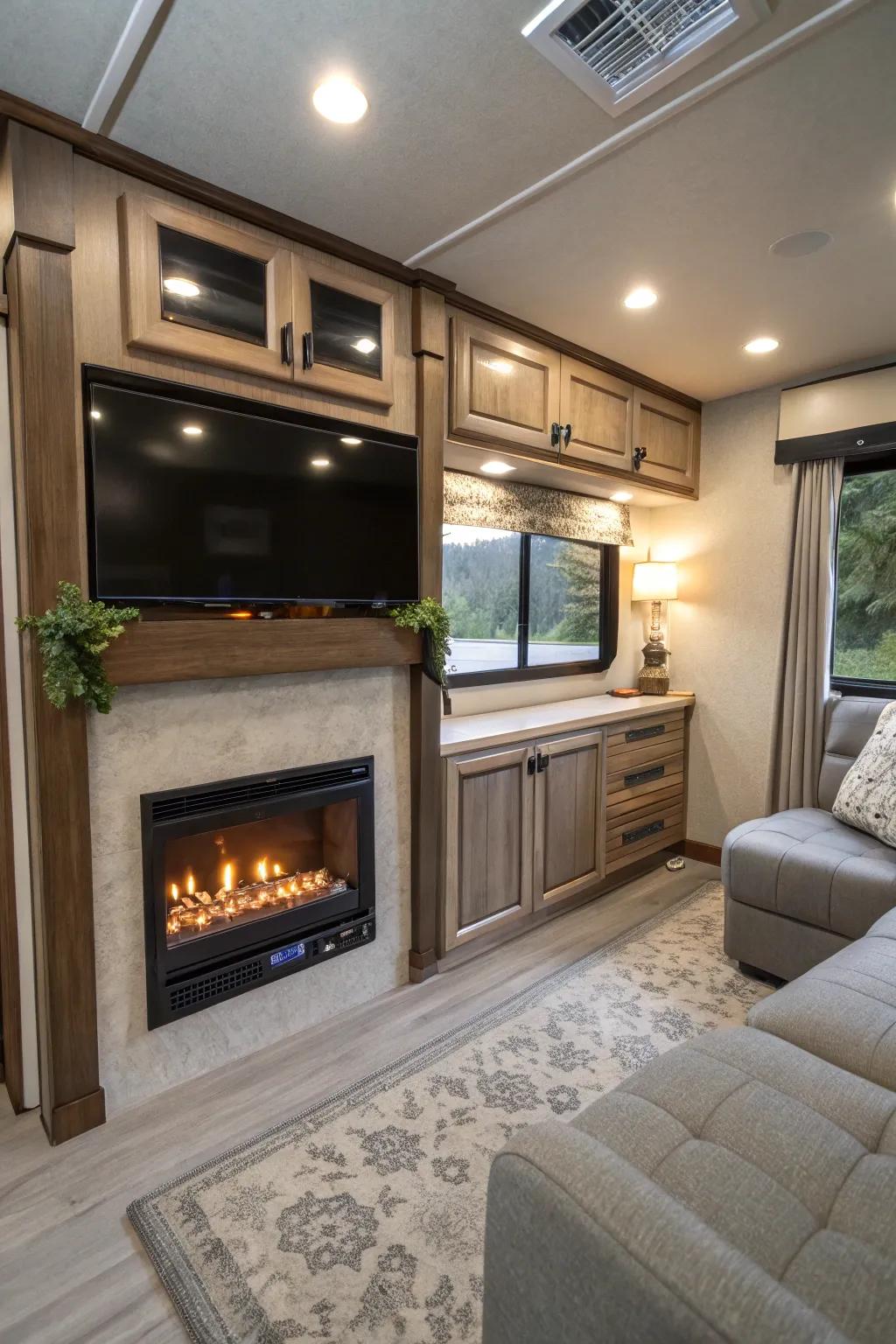 Built-in fireplace nestled in an RV entertainment center.