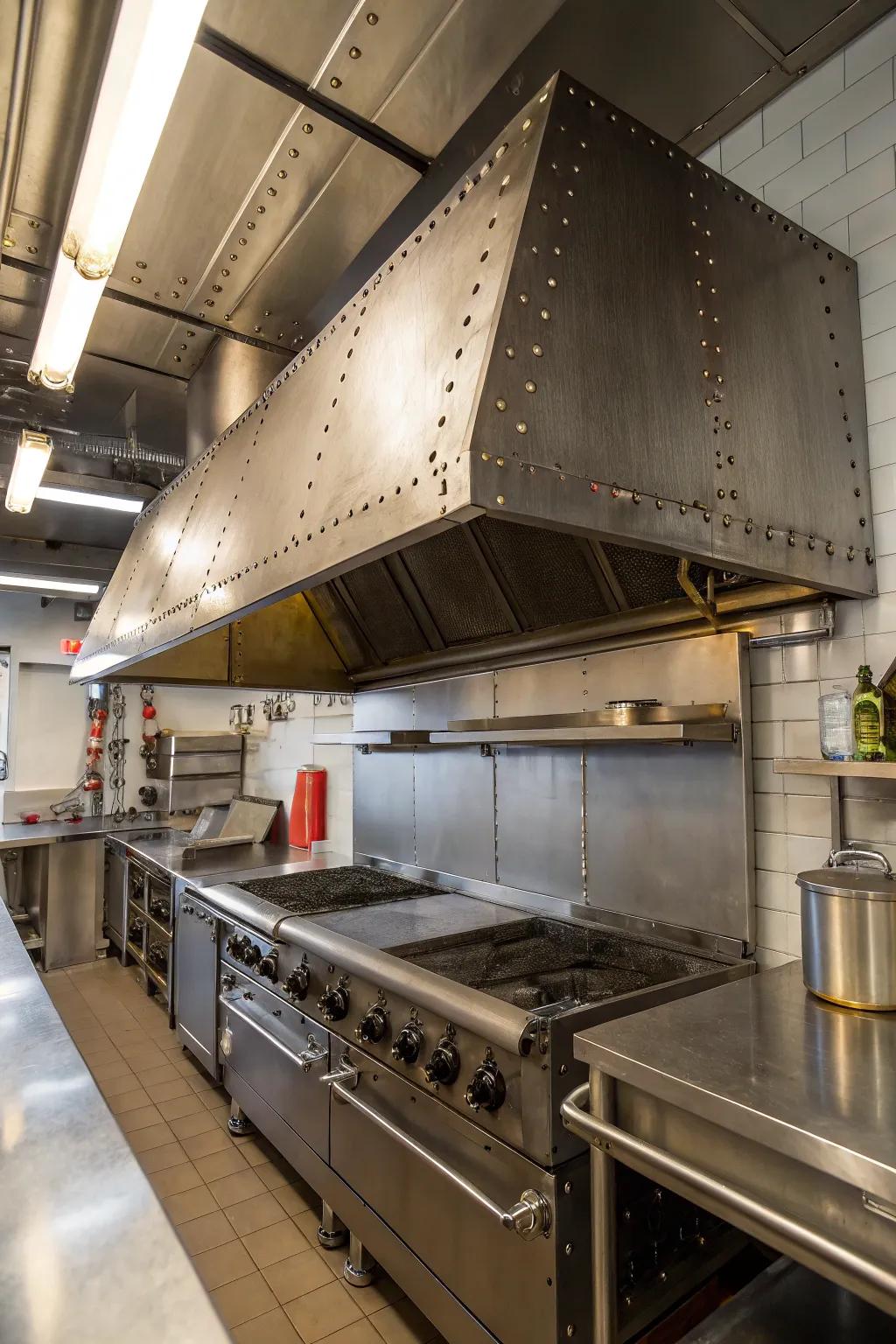 Metal range hoods inject an industrial edge into kitchen designs.